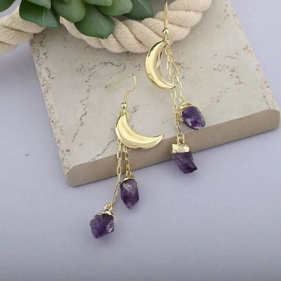 New, Not Worn, Brazilian  Amethyst, Point-Moon-Earings, in Goldtone - Picture 5 of 6